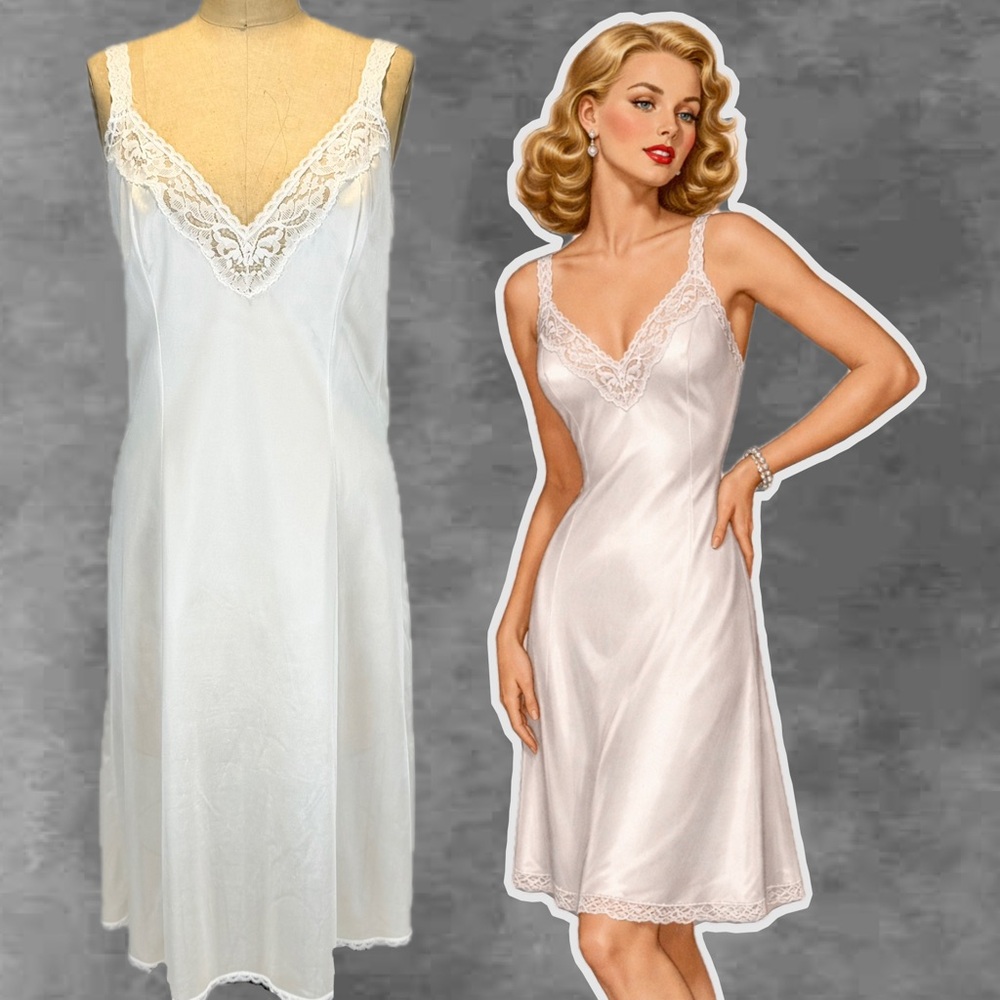 VINTAGE white lace full dress slip layer silky nylon midi nightgown lingerie 80s